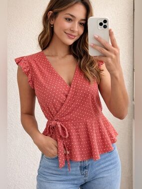 Monteau Coral Polka Dot Wrap Peplum Top Size Small